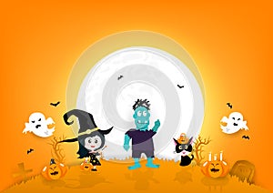 Halloween invitation poster paper art, pumpkin, black cat, candy, zombie monster, witch and spooky cartoon characters full moon,