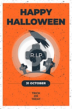 Halloween invitation with spooky black raven sitting on cemtery grave and full moon behind. Flyer template for Halloween party.