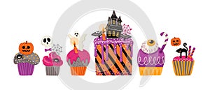 Halloween isolated illustration. Decorated cupcakes, muffins, pastries, sweets, candies. Vector