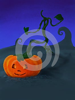 Halloween, Jack Lantern pumpkin is looking for a head in the garden. Halloween symbol, painting, art