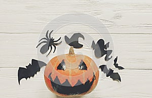 Halloween. jack lantern pumpkin with witch ghost bats and spider