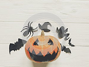 Halloween. jack lantern pumpkin with witch ghost bats and spider