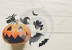 Halloween. jack lantern pumpkin with witch ghost bats and spider