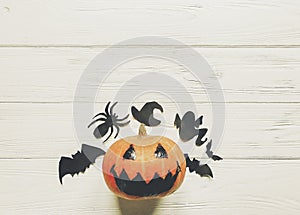 Halloween. jack lantern pumpkin with witch ghost bats and spider