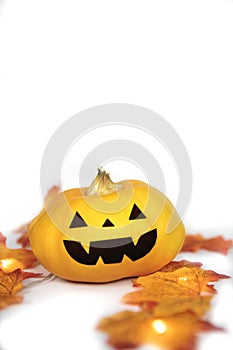 Halloween Jack O Lantern with autumn foliage isolated on white background, Pumpkin head on coloful leaves, spooky smile