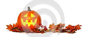 Halloween Jack o Lantern with autumn leaf border over white