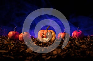 halloween jack-o-lantern on autumn leaves. Scary Halloween Pumpkin looking through the smoke. Glowing