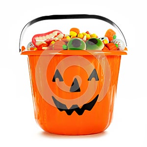 Halloween Jack-o-Lantern candy collector filled with candy over white