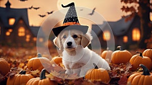 halloween jack o lantern charming Halloween puppy with a twinkling witch hat, sitting amidst a pile of miniature pumpkins