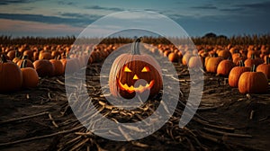 Halloween Jack-o\'-lantern in a field with pumpkins, spooky and scary mood, Trick or treat, October, autumn