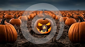 Halloween Jack-o\'-lantern in a field with pumpkins, spooky and scary mood, Trick or treat, October, autumn