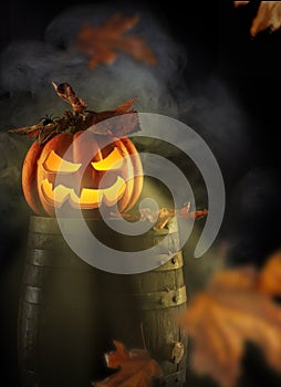 Halloween Jack-O-Lantern on Old Barrel