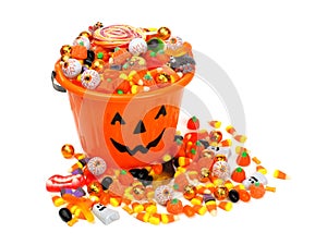 Halloween Jack o Lantern pail overflowing with candy