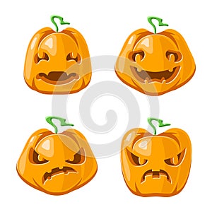 Halloween jack o lantern pumpkin decoration scary faces smile emoji icons set isolated cartoon design vector