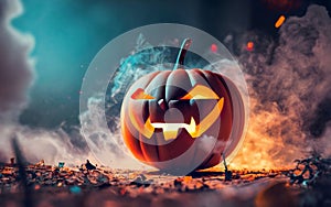 Halloween Jack o Lantern Pumpkin with a spooky face, Halloween concept. Spooky mystery background. AI generative