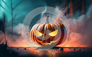 Halloween Jack o Lantern Pumpkin with a spooky face, Halloween concept. Spooky mystery background. AI generative