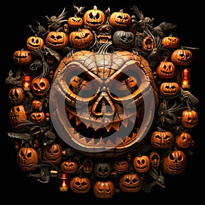 Halloween jack o lantern wallpaper. A large pumpkin as the main subject surrounded by small pumpkin decorations. Ai generative