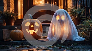 Halloween jack-o'-lanterns and ghost decoration on porch at night