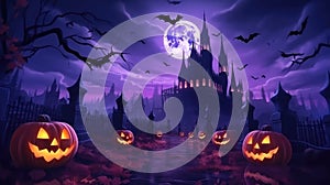 Halloween with jack - o\' - lanterns and haunted house at spooky night and bat, Generative AI
