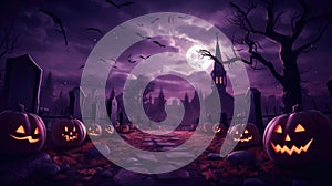 Halloween with jack - o\' - lanterns and haunted house at spooky night and bat, Generative AI