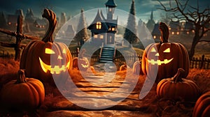 Halloween with jack - o\' - lanterns and haunted house at spooky night and bat, Generative AI