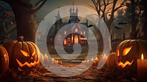 Halloween with jack - o\' - lanterns and haunted house at spooky night and bat, Generative AI