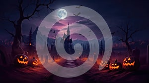 Halloween with jack - o\' - lanterns and haunted house at spooky night and bat, Generative AI