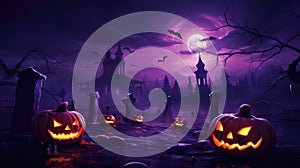 Halloween with jack - o\' - lanterns and haunted house at spooky night and bat, Generative AI