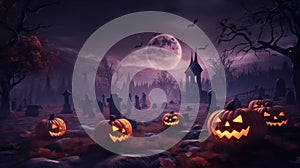 Halloween with jack - o\' - lanterns and haunted house at spooky night and bat, Generative AI