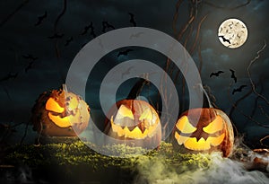 Halloween Jack-O-Lanterns on Mossy Log with full Moon and Bats photo