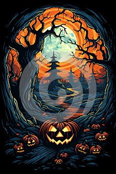 halloween Jack O\'Lanterns pumpkins with devilish carved faces
