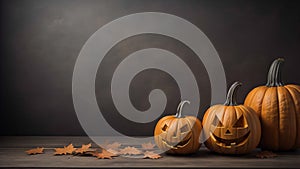 Halloween jack-o-lanterns on a wooden desk with copy space