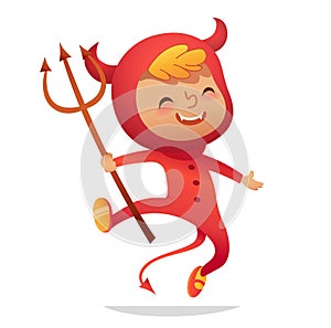 Halloween Kids Costume Party. Boy in halloween devil costume laughing and dancing. Cartoon vector Character for party