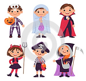 Halloween kids. Costumed horror party. Boys and girls dressed scary monsters. Young characters in festive clothes