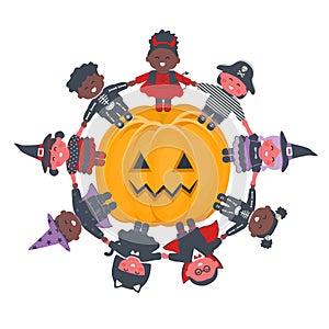 Halloween kids party template. Children in Halloween costumes around halloween pumpkin. Multicultural group of children