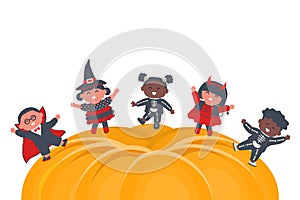Halloween kids party template. Children in Halloween costumes dance on holiday pumpkin. Diverse group of kids have fun