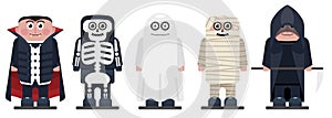 Halloween Kids Wearing Monsters Costumes. Happy Halloween Characters For Your Business Project. Halloween Kids Vector Illustration