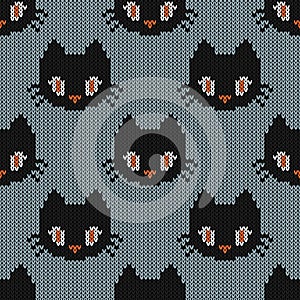 Halloween knitted pattern. Seamless Knitting Texture with cute c