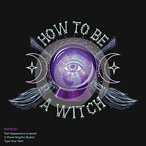 Halloween label with crystal ball third eye brooms