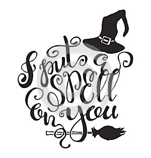 Halloween label with Hand drawn witch hat and broom vector illustration and quote