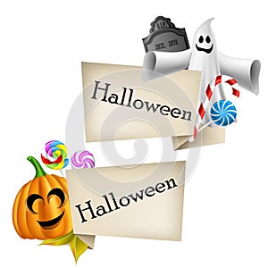 Halloween labels with cartoon pumpkin head and gho