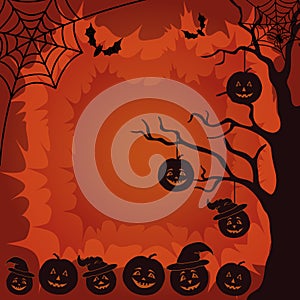 Halloween landscape, pumpkins, tree and spider