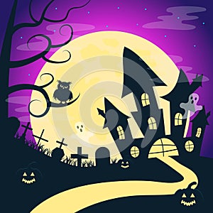 Halloween landscape with scary castle, cemetery, owl, full moon, ghosts and evil pumpkins.