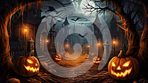 Halloween landscape   table and graveyard in spooky night