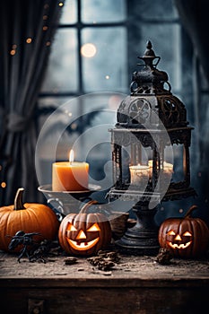 halloween lantern pumpkins and candles on a table