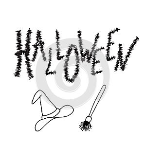 Halloween lettering, vector illustration. Black text isolated on white board with design elements. Witch hat and broom
