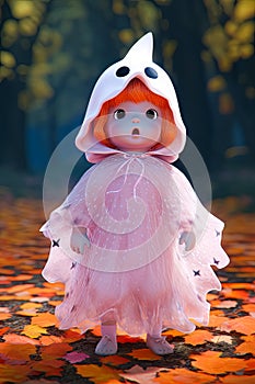Halloween little girl wearing ghost costume on party celebration