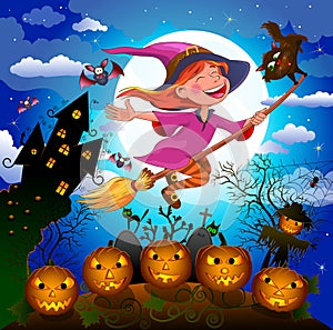 Halloween little witch. Night on Halloween. A little witch flies on a broom.