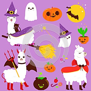 Halloween llama set. Vector illustration collection