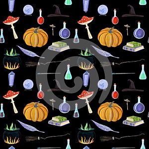 Magic pattern with pumpkin, books